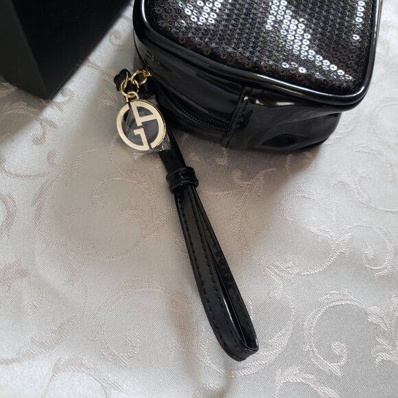 NWOT GIORGIO ARMANI Parfums Black sequins over patent leather zippered pouch - Picture 2 of 9